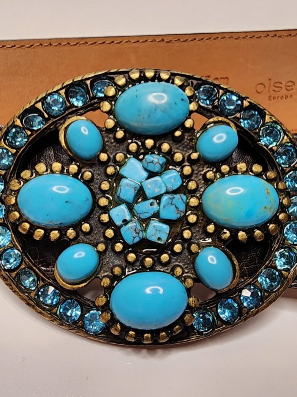 Olsen Europe Leather Belt — Turquoise & Rhinestone Buckle, 28" / Size 8